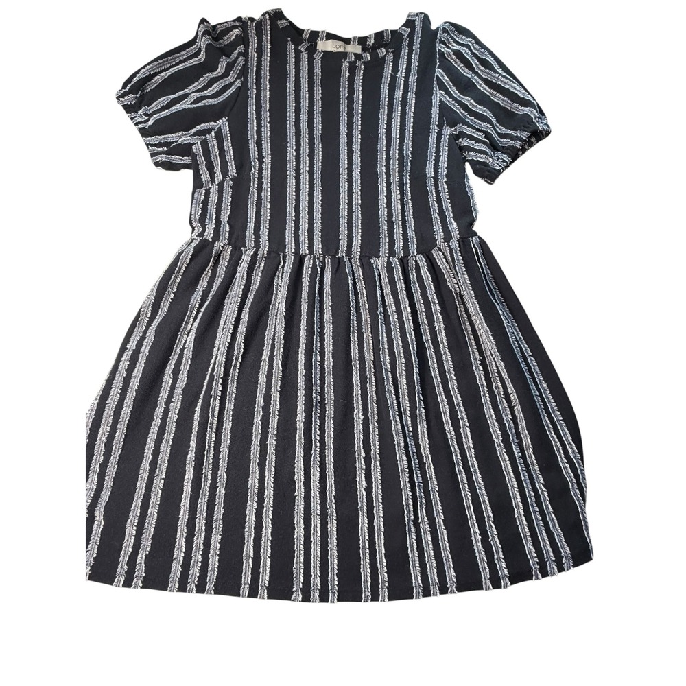 LOFT Striped Puff Sleeve Dress Black White Swing‎ Dress Cottagecore Aesthetic